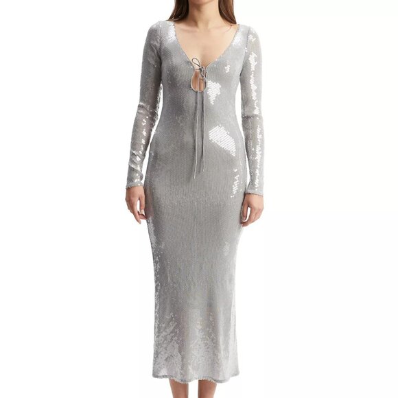 Bardot Women’s Verona Low-Back Sequin Maxi Dress – Silver – Size 4 – NWT - Picture 1 of 6
